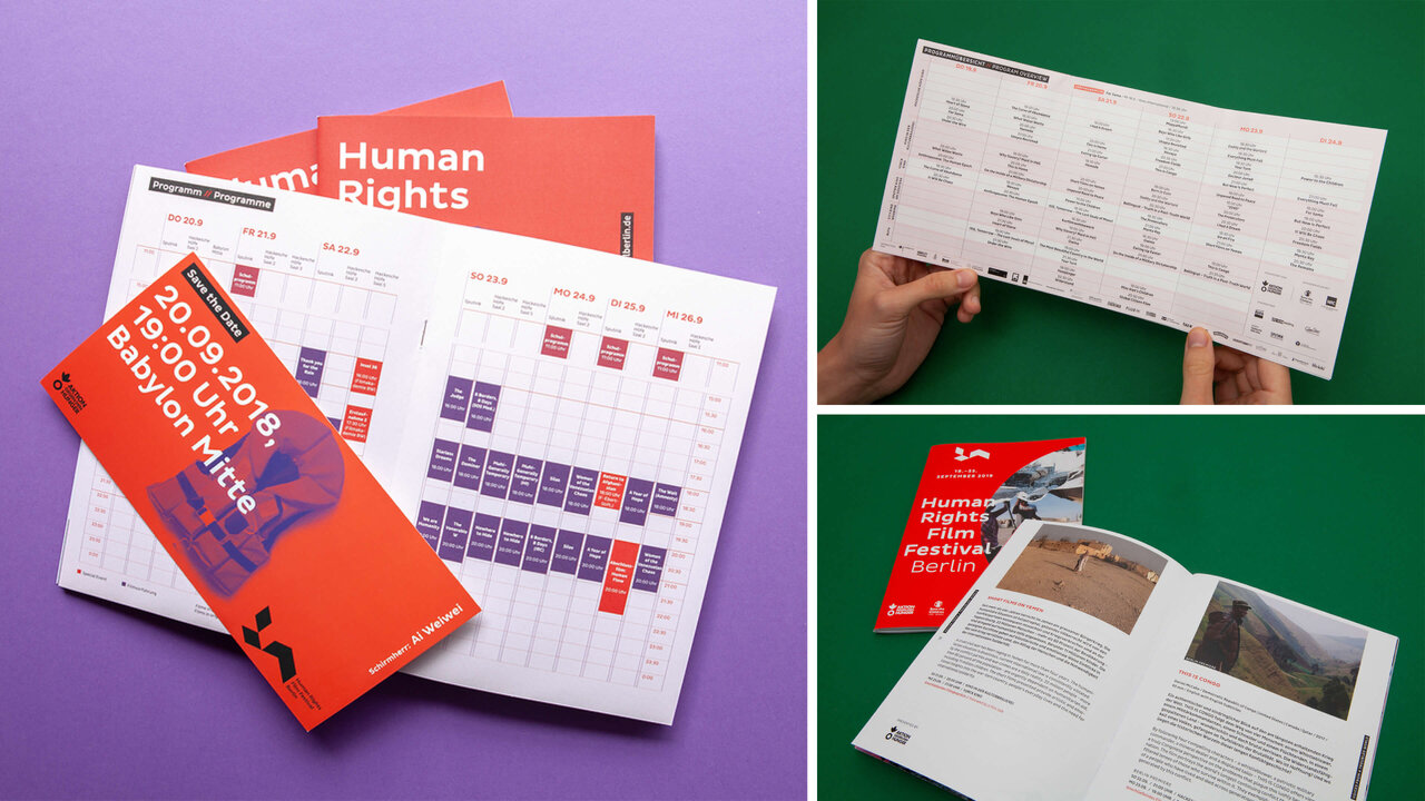 Rot-orange Human Rights Film Festival Brosch&uuml;re und Kalender auf lila und gr&uuml;nem Hintergrund, mit verschiedenen Layouts und Seiten, die Programmdetails und gestalterische Elemente des Festivals zeigen.