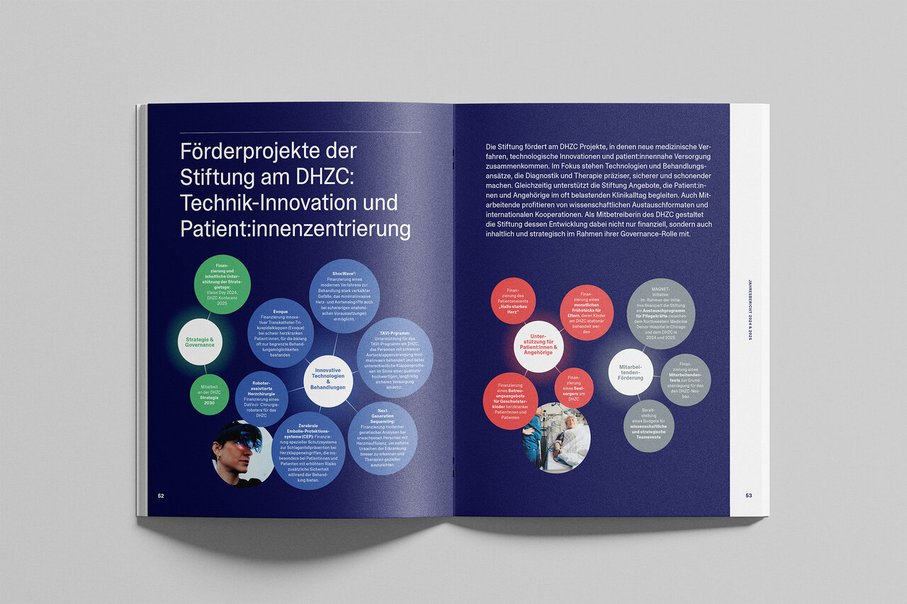 Aufgeschlagene Doppelseite einer Brosch&uuml;re mit dunkelblauem Hintergrund, auf der Kreise mit Icons und kurzen Texten ein Netzwerk aus F&ouml;rderprojekten der Stiftung am DHZC darstellen. &Uuml;berschrift links: &bdquo;F&ouml;rderprojekte der Stiftung am DHZC: Technik-Innovation und Patient:innenzentrierung&ldquo;, rechts ein erl&auml;uternder Flie&szlig;text.
