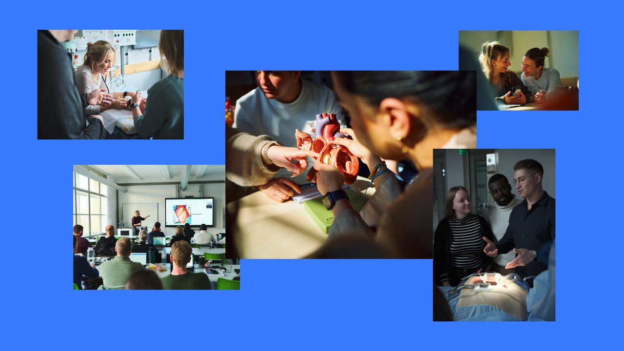 Collage aus f&uuml;nf Fotos zu medizinischer Ausbildung und Patientenversorgung: eine Vorlesung mit Herzdarstellung auf der Leinwand, zwei Personen, die ein anatomisches Herzmodell untersuchen, ein Gespr&auml;ch zwischen medizinischem Personal und einer Patientin am Krankenbett sowie zwei weitere Szenen mit Patientengespr&auml;chen.