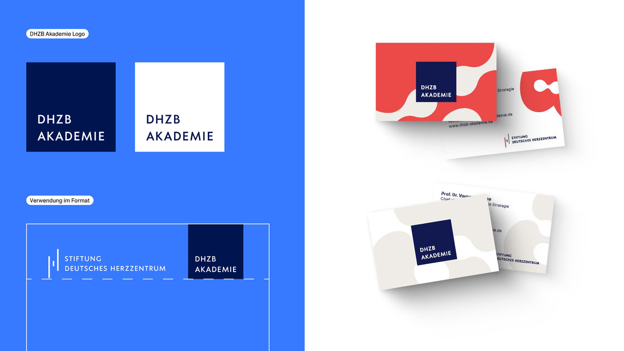Markenauftritt der DHZB Akademie mit dunkelblauem Logo auf wei&szlig;em und blauem Hintergrund sowie Anwendungsbeispiel im Format der Stiftung Deutsches Herzzentrum. Rechts zwei Visitenkarten-Designs, eines in Korallrot mit organischen Formen, das andere in dezentem Beige mit abstrakten Mustern.