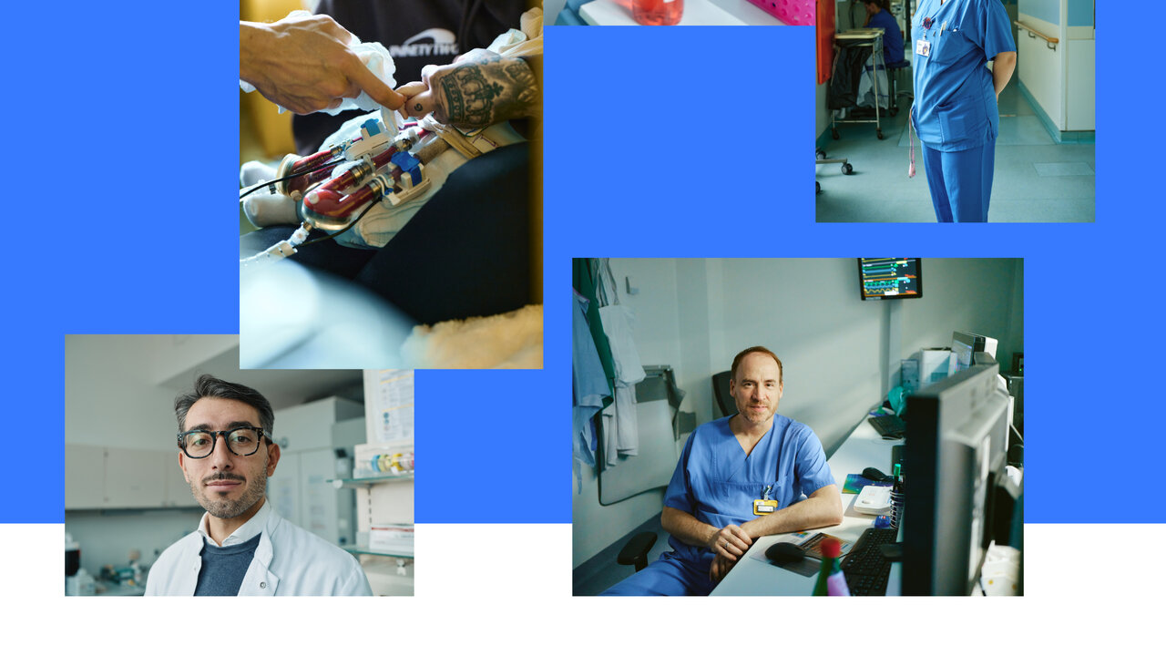 Collage aus medizinischem Kontext auf blauem Hintergrund: ein Arzt mit Brille und wei&szlig;em Kittel im Portr&auml;t, ein Arzt in blauer OP-Kleidung an einem Schreibtisch mit Computer, eine Nahaufnahme einer medizinischen Behandlung an einem Arm sowie eine Person in OP-Kleidung im Krankenhausflur.