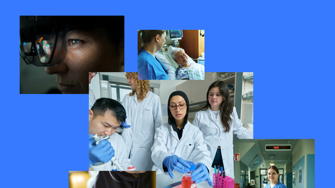 Collage mit medizinischem und wissenschaftlichem Fachpersonal in verschiedenen Situationen: eine Person mit Schutzbrille im Nahaufnahme-Portr&auml;t, eine Pflegekraft am Krankenbett, mehrere Wissenschaftler in Laborkitteln bei der Arbeit mit Proben und Pipetten sowie medizinisches Personal in einem Krankenhausflur.