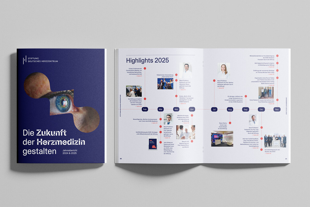 Aufgeschlagene Brosch&uuml;re "Die Zukunft der Herzmedizin gestalten" mit dunkelblauem Cover und einer stilisierten Illustration aus Herz und Auge; die rechte Seite zeigt eine Zeitleiste "Highlights 2025" mit Portr&auml;tfotos, Bildern und Textbl&ouml;cken entlang eines Monatsverlaufs.