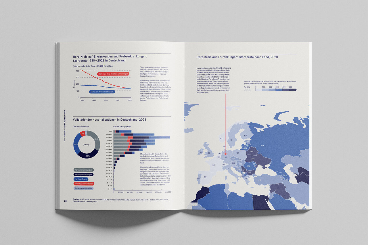 Aufgeschlagenes Buch mit Datenvisualisierungen zu Herz-Kreislauf-Erkrankungen in Deutschland: Liniendiagramme zur Sterberate, ein Donut- und Balkendiagramm zu Hospitalisierungen sowie eine Europakarte mit farblich abgestuften L&auml;ndern zur Darstellung der Sterberaten nach Land.
