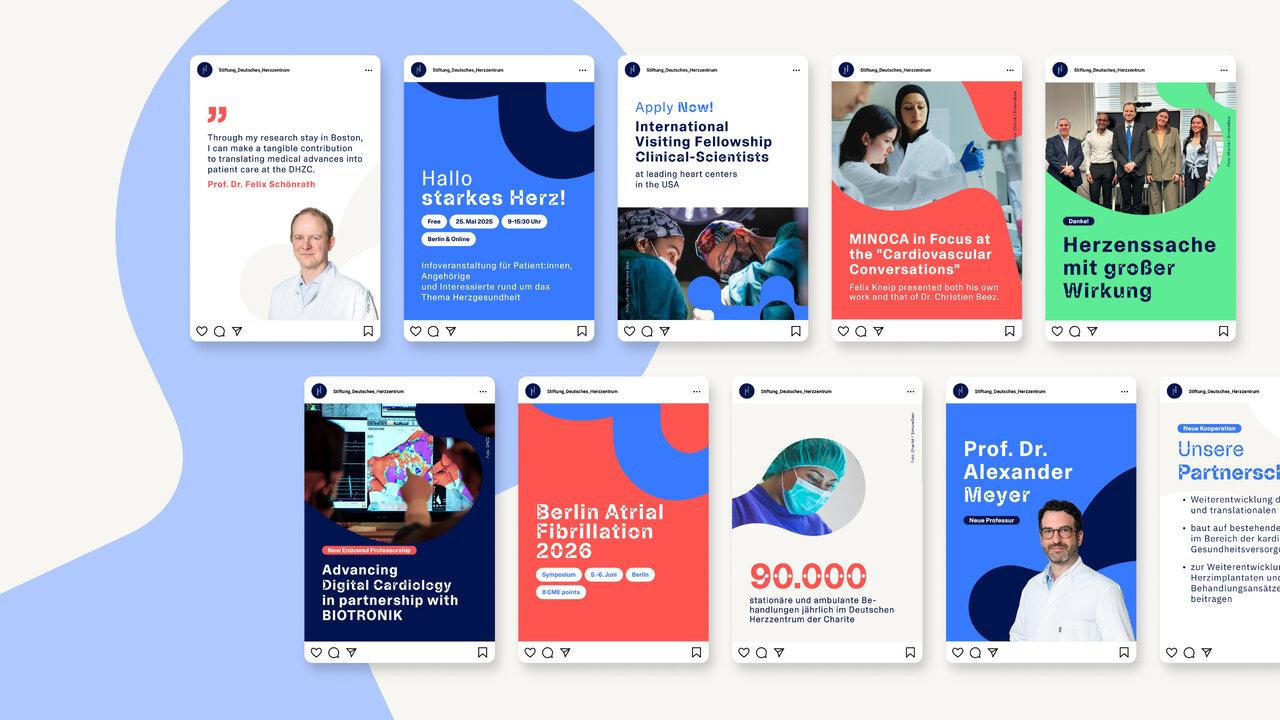 Social-Media-Beitragsvorlagen f&uuml;r eine medizinische oder kardiologische Organisation, mit Portr&auml;tfotos, Zitaten und Statistiken in Blau, Rot, Gr&uuml;n und Wei&szlig; gestaltet.