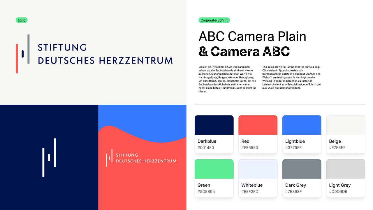 Markenrichtlinien f&uuml;r die Stiftung Deutsches Herzzentrum: Logo mit Wortmarke und abstrakten Linien in Dunkelblau und Rot, dazu Farbpalette (Dunkelblau, Rot, Hellblau, Beige, Gr&uuml;n, Wei&szlig;blau, Dunkelgrau, Hellgrau) mit Hex-Codes und eine Typografie-Beispielseite mit der Schrift &bdquo;ABC Camera Plain & Camera ABC&ldquo;.