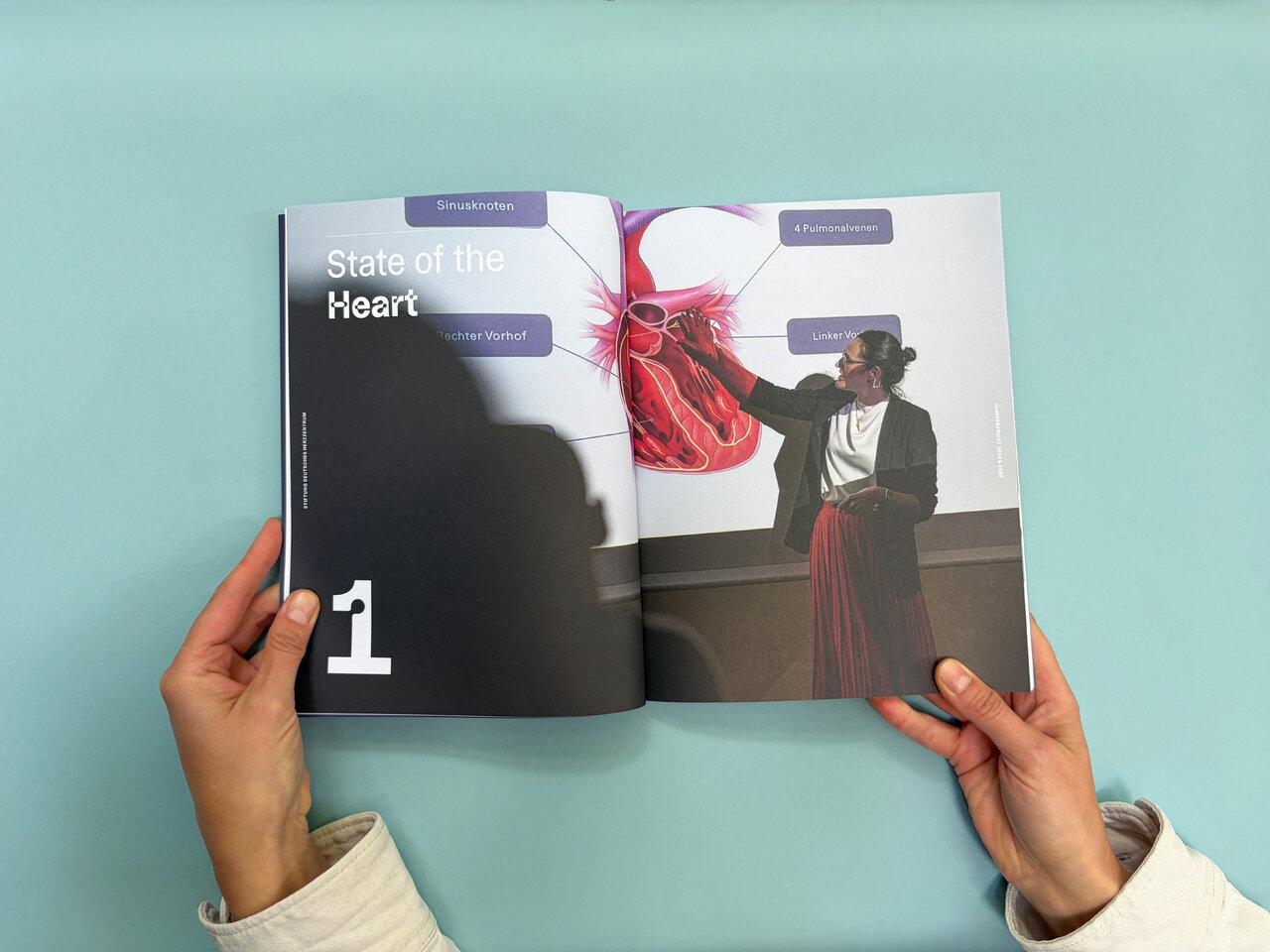 Aufgeschlagenes Magazin mit dem Titel &bdquo;State of the Heart&ldquo;, gehalten von zwei H&auml;nden vor t&uuml;rkisfarbenem Hintergrund. Die rechte Seite zeigt eine Frau, die auf eine gro&szlig;e Illustration eines menschlichen Herzens mit beschrifteten Teilen zeigt.