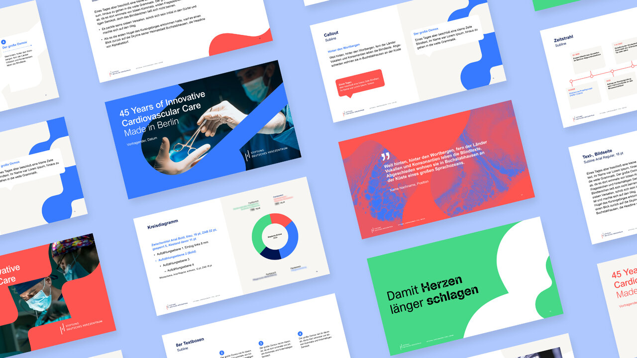 Pr&auml;sentationsvorlagen f&uuml;r ein medizinisches Cardiovascular-Care-Branding, mit Folien in Blau, Rot, Gr&uuml;n und Wei&szlig;. Die Gestaltung kombiniert Fotografien aus dem Klinikalltag mit Diagrammen, Zitaten und Textelementen, verbunden durch ein wiederkehrendes Herz-Symbol.