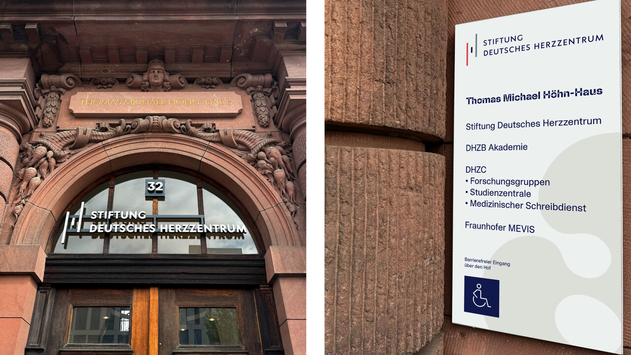 Zwei Fotos: links der historische Eingang mit Steinornamenten und der Hausnummer 32 sowie dem Schild &bdquo;Stiftung Deutsches Herzzentrum&ldquo;, rechts ein Wegweiser-Schild an einer Sandsteinfassade mit Angaben zu Thomas Michael H&ouml;hn-Haus, DHZB Akademie, DHZC und weiteren Einrichtungen sowie einem Hinweis auf den barrierefreien Eingang.